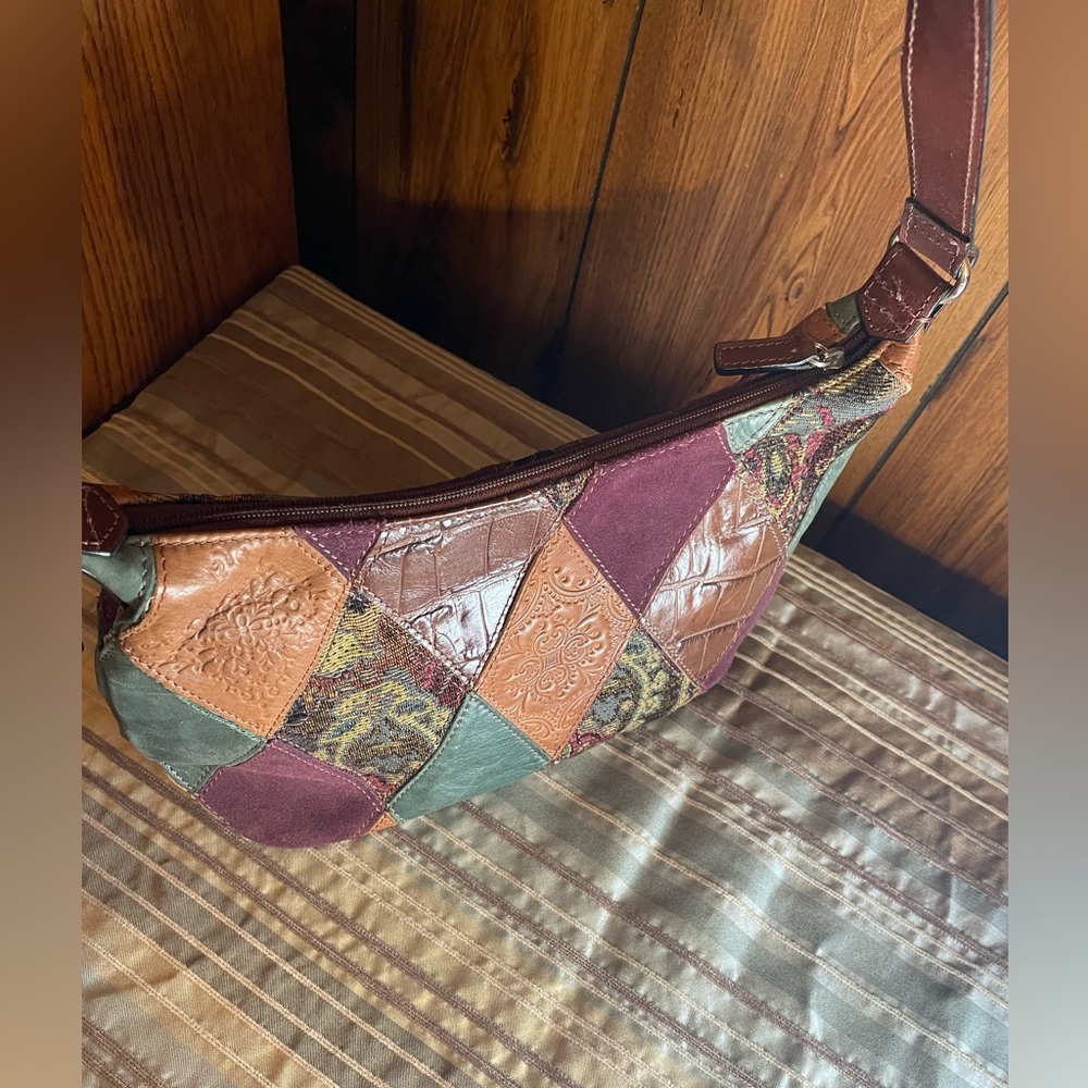 Fossil’s Leather, Suede, Tapestry Patchwork Satch… - image 2